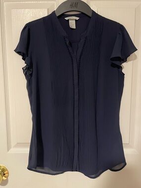 H&M Dark Navy Pleated Flutter Sleeve Blouse